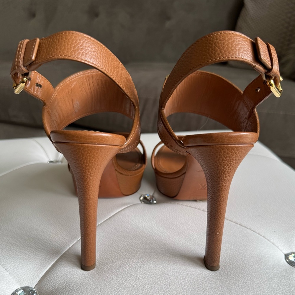 Louis Vuitton Horizon Leather Platform Sandal Heels Brown Cognac Size 38 Size 8 - Picture 10 of 17